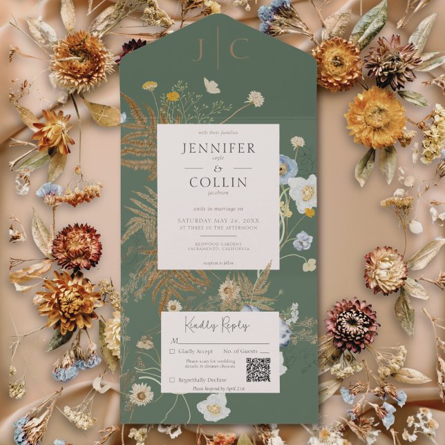 Rustic Wildblommor Monogram Sage Grönt QR-kod (Rustic Wildflowers Monogram Sage Green QR Code All In One Invitation)