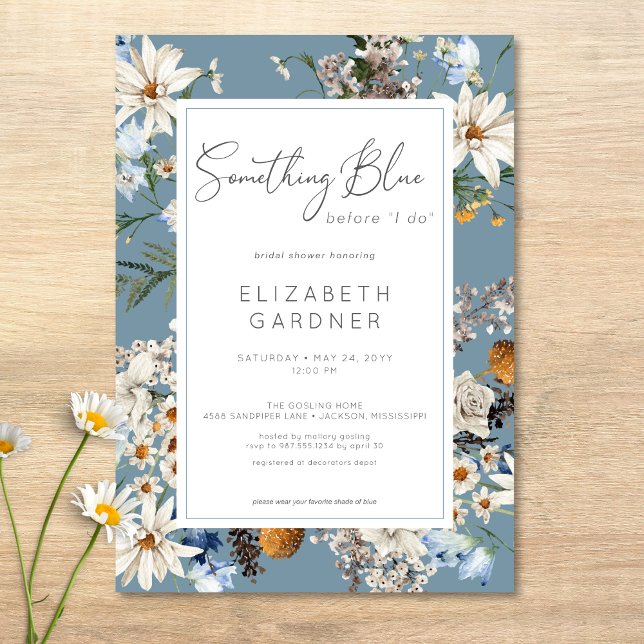 Rustic Wildblommor Nåt blått Möhippa Inbjudningar (Rustic Wildflowers Something Blue Bridal Shower Invitation)