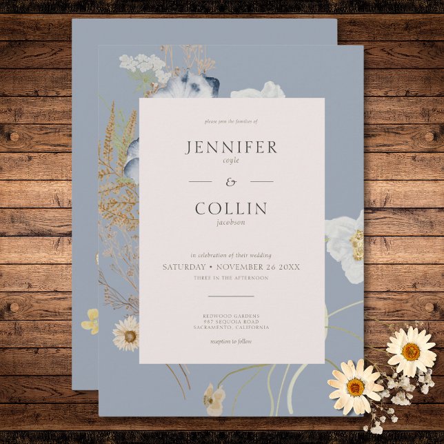 Rustic Wildblommor på Dusty Blue Bröllop Inbjudningar (Rustic Wildflowers on Dusty Blue Wedding Invitation)