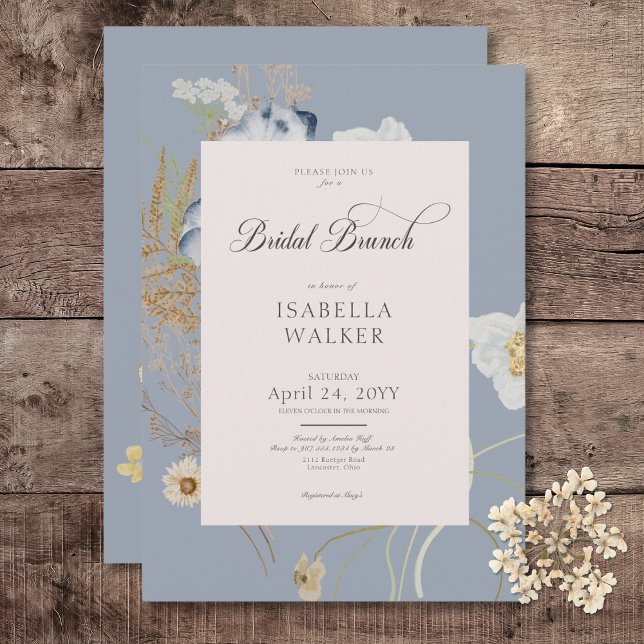 Rustic Wildblommor på Dusty Blue Möhippa Brunch Inbjudningar (Rustic Wildflowers on Dusty Blue Bridal Brunch Invitation)