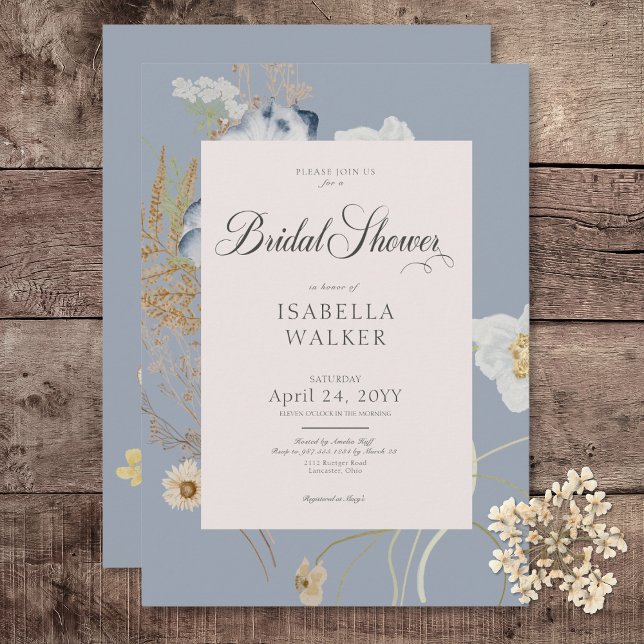 Rustic Wildblommor på Dusty Blue-Möhippan Inbjudningar (Rustic Wildflowers on Dusty Blue Bridal Shower Invitation)