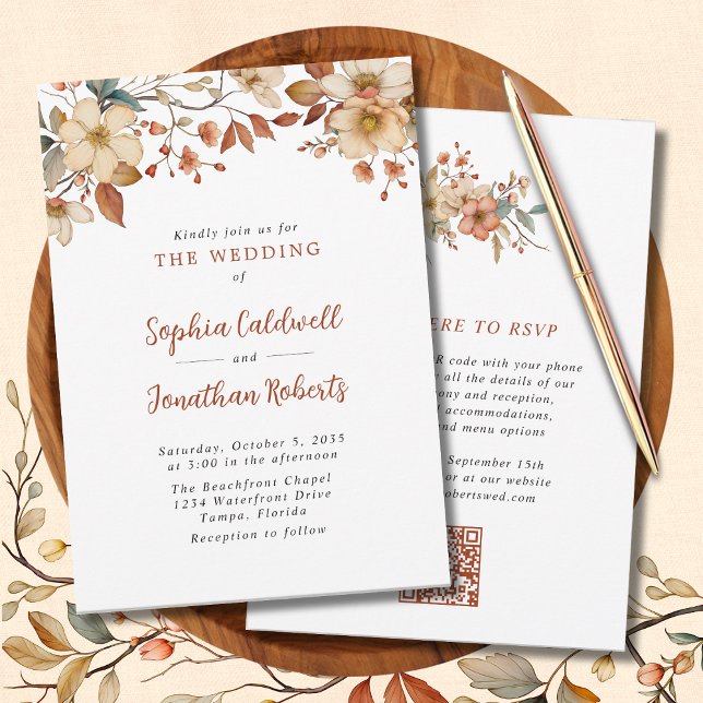 Rustic Wildblommor QR Code Fall Wedding Inbjudningar (Autumn Wildflowers QR Code Fall Wedding Invitation)