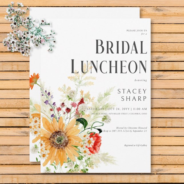 Rustic Wildblommor & Sunblommor Möhippa Luncheon Inbjudningar (Rustic Wildflowers & Sunflowers Bridal Luncheon Invitation)