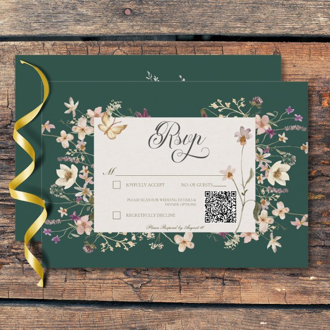 Rustic WildblomRam Emerald Grönt QR-kod OSA Kort (Rustic Wildflower Frame Emerald Green Three Dinner RSVP Card)