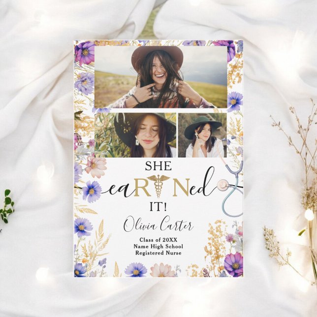 Rustic WildblomRN Nurse 4 foton Studenten Meddelande (Rustic Wildflower RN Nurse 4 photos Graduation Announcement)