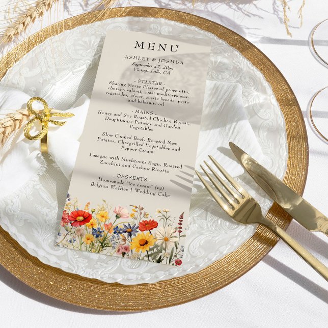 Rustic Wildbloms Land Blommigt Bröllop Menu Inbjudningar (Menu from the Rustic Wildflower Wedding Collection by Darling & May)