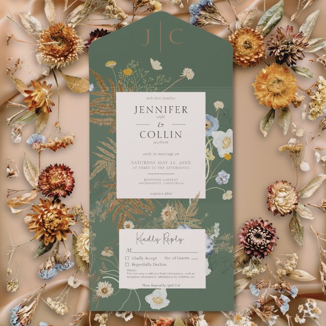 Rustic Wildbloms Monogram Sage Grönt nr Middag (Rustic Wildflowers Monogram Sage Green No Dinner All In One Invitation)