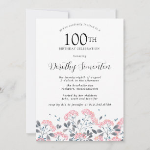 Rustic Wildbloms Rosa Blommigt 100:e Födelsedagsfe Inbjudningar