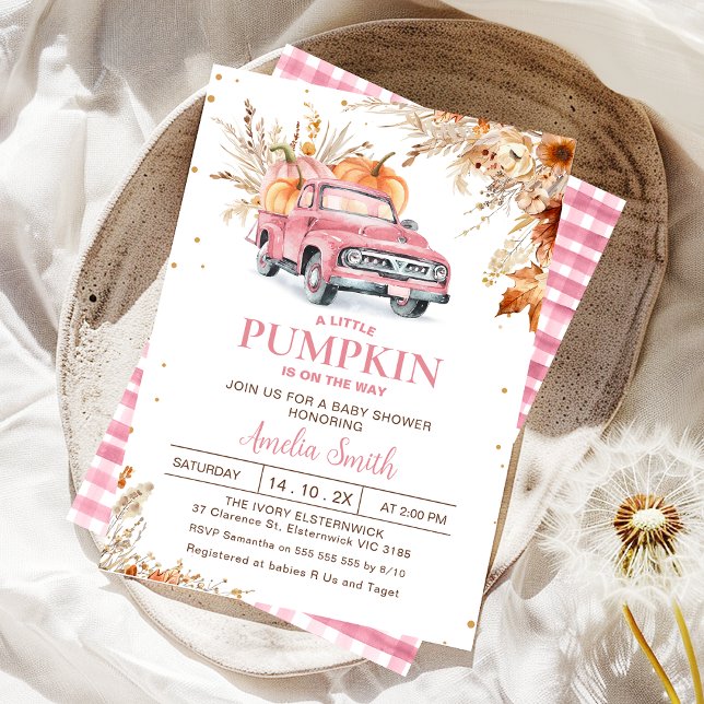 Rustic Wildbloms Rosa Pumpkin Lastbil Baby Shower Inbjudningar (Editable Girls Pumpkin Truck Baby Shower Invitation Fall Harvest Pink Truck Autumn Baby Shower Girl)