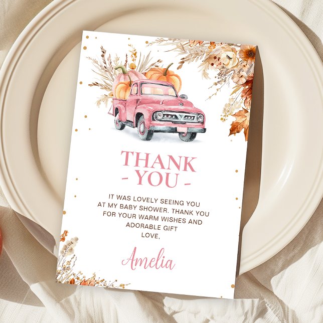 Rustic Wildbloms Rosa Pumpkin Lastbil Baby Shower Tack Kort (Editable Pumpkin Truck Baby Shower Thank You Card Fall Harvest Pink Truck Baby Shower Girl Thank You)