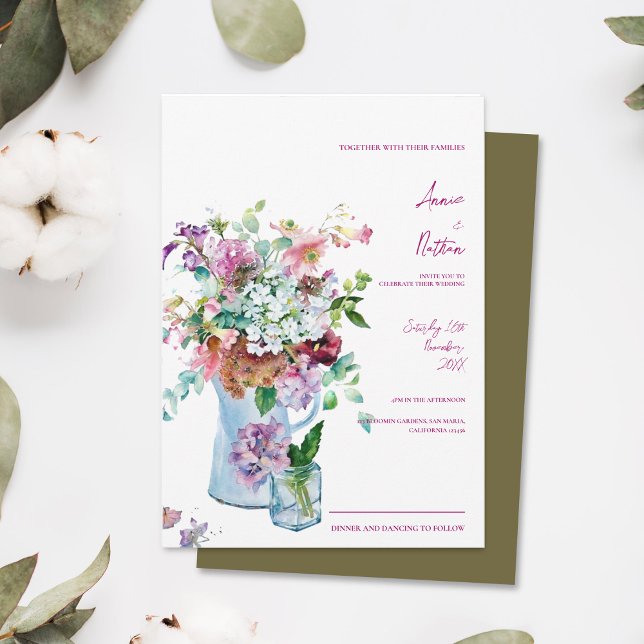 Rustic Wildbloms Watercolor Blommigt Bröllop Inbjudningar (Rustic Wildflower Watercolor Floral Wedding Invitation)