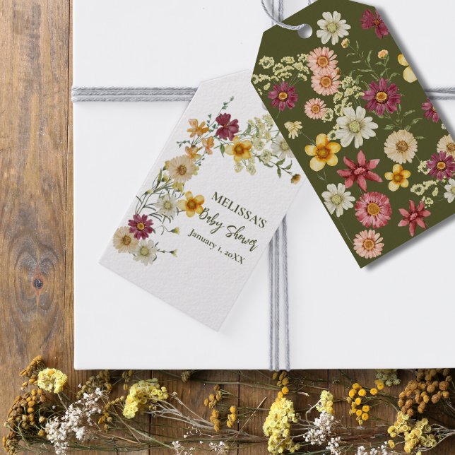 Rustic wildblomsage grönt babydusch presentetikett (Skapare uppladdad)