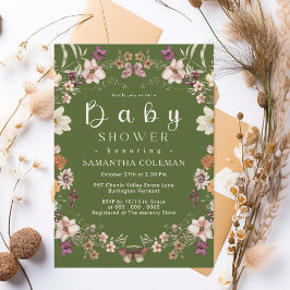 Rustic Wildblomteme Moss Grönt Baby Shower Inbjudningar