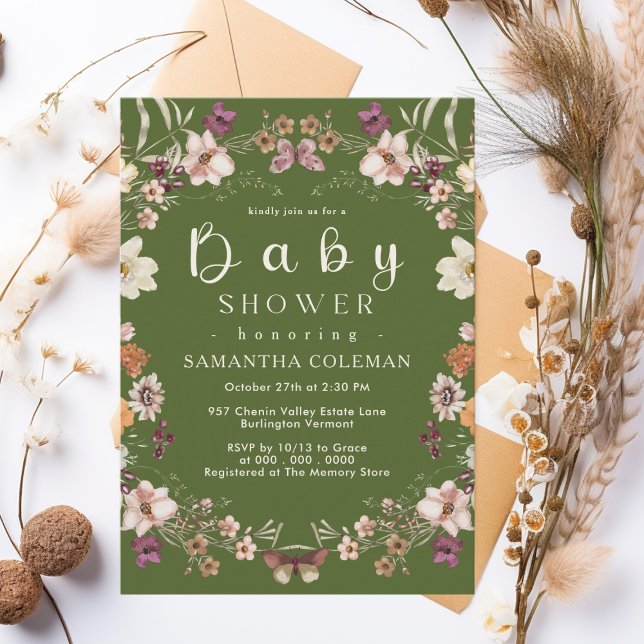 Rustic Wildblomteme Moss Grönt Baby Shower Inbjudningar (Skapare uppladdad)