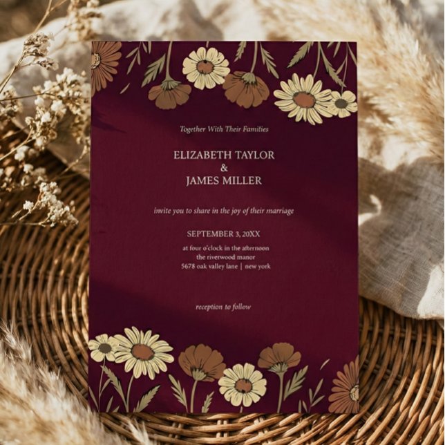 Rustic Wildflower Burgundy Floral Wedding Inbjudningar (Skapare uppladdad)