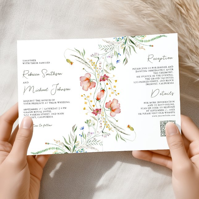 Rustic Wildflower Photo Collage QR Code Wedding Inbjudan (Skapare uppladdad)