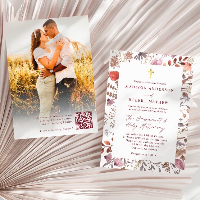 Rustic Wildflowers Photo QR Code Catholic Wedding Inbjudningar (Skapare uppladdad)