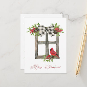 Rustic Window med Red Cardinal, Bow, Greenery Vykort