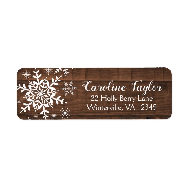 Rustic Winter Address Label Snöflingor på Wood Returadress Etikett (Framsidan)
