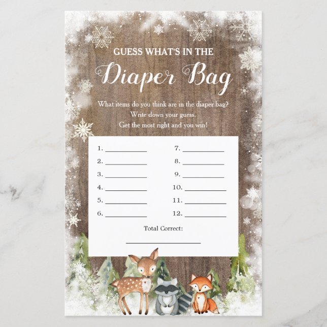 Rustic Winter Animal Woodland What's in Diaper Bag (Framsida)