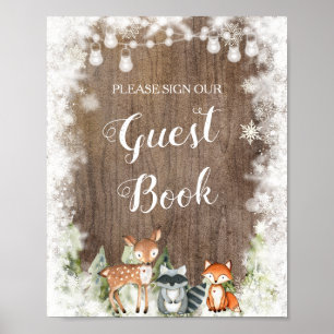 Rustic Winter Animals Woodland Baby Guest Bok Poster