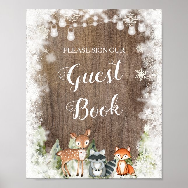 Rustic Winter Animals Woodland Baby Guest Bok Poster (Framsidan)