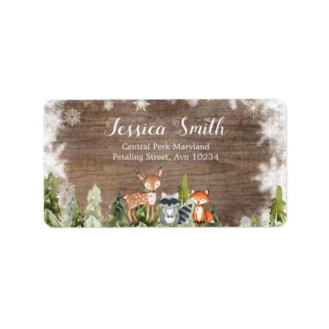 Rustic Winter Animals Woodland Birthday Adress Adressetikett (Framsidan)