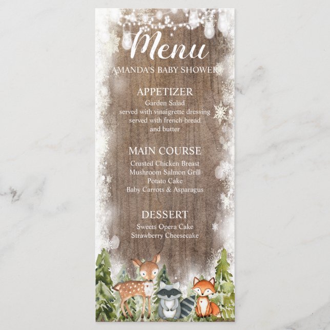 Rustic Winter Animals Woodland Birthday Menu Meny (Framsida)