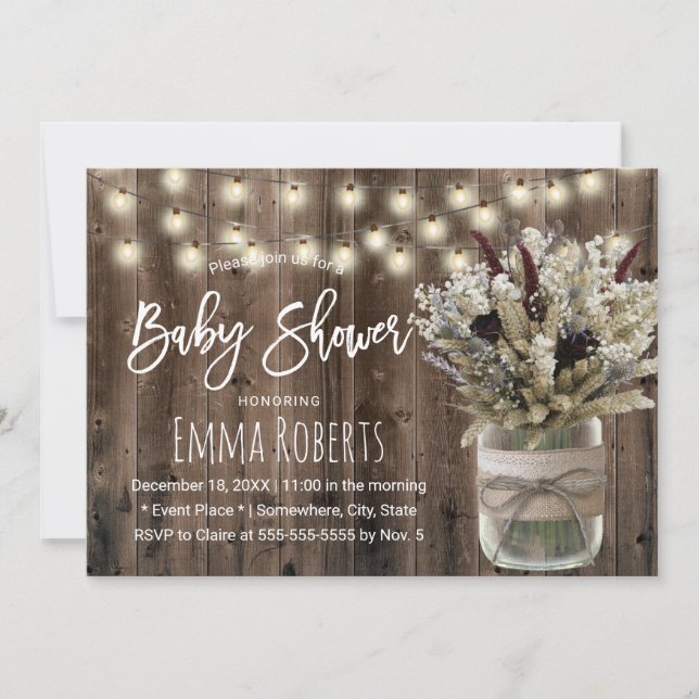 Rustic Winter Baby Shower Blommigt Burk String Lju Inbjudningar (Framsida)