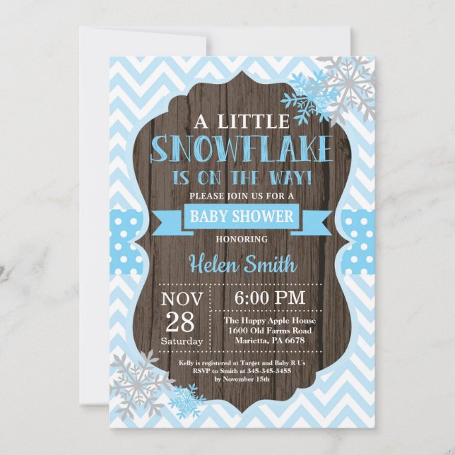 Rustic Winter Baby Shower Blue Snowflake Inbjudningar (Framsida)