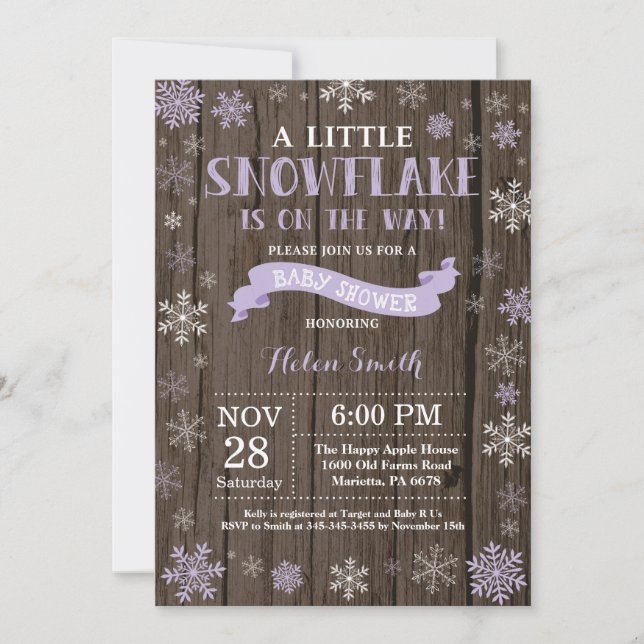 Rustic Winter Baby Shower Lila Snowflake Inbjudningar (Framsida)