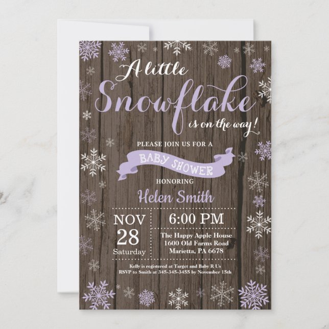 Rustic Winter Baby Shower Lila White Snowflake Inbjudningar (Framsida)