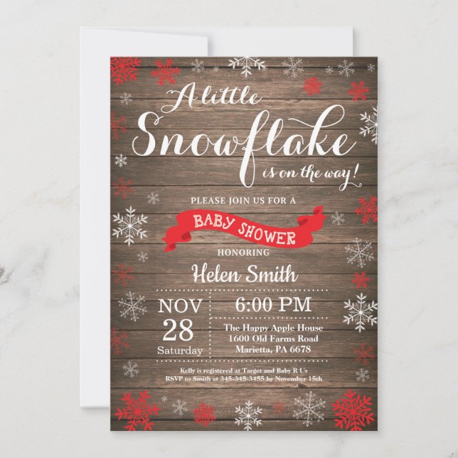 Rustic Winter Baby Shower Red White Snowflake Inbjudningar (Framsida)