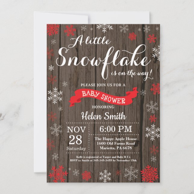 Rustic Winter Baby Shower Red White Snowflake Inbjudningar (Framsida)