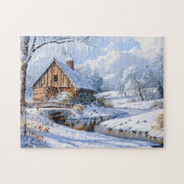 Rustic Winter Barn by Frozen Stream Pussel
