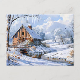 Rustic Winter Barn by Frozen Stream Vykort