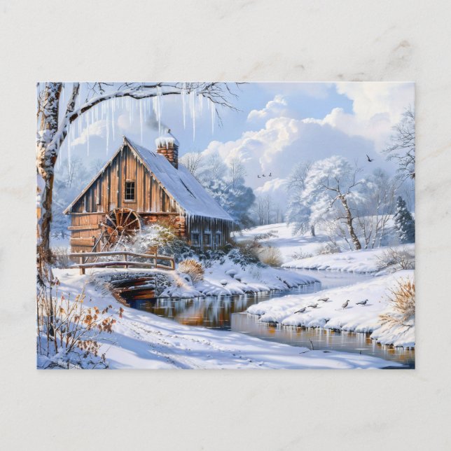 Rustic Winter Barn by Frozen Stream Vykort (Framsida)