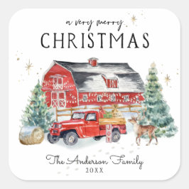 Rustic Winter Barn Vintage Red Farmhouse Lastbil Fyrkantigt Klistermärke