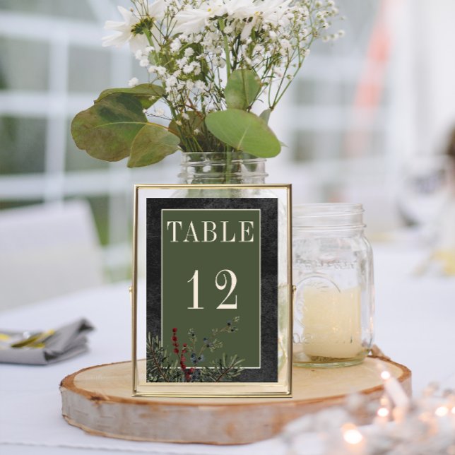 Rustic Winter Berries & Gräs Black Bröllop Bordsnummer (Rustic winter Berries & Pine Black Wedding Table Numbers)