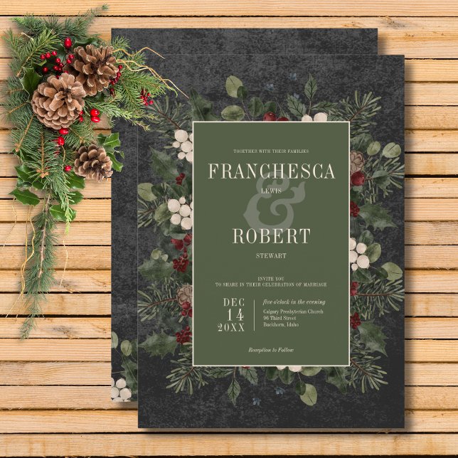 Rustic Winter Berries & Gräs Black Bröllop Inbjudningar (Rustic Winter Berries & Pine Black Wedding Invitation)
