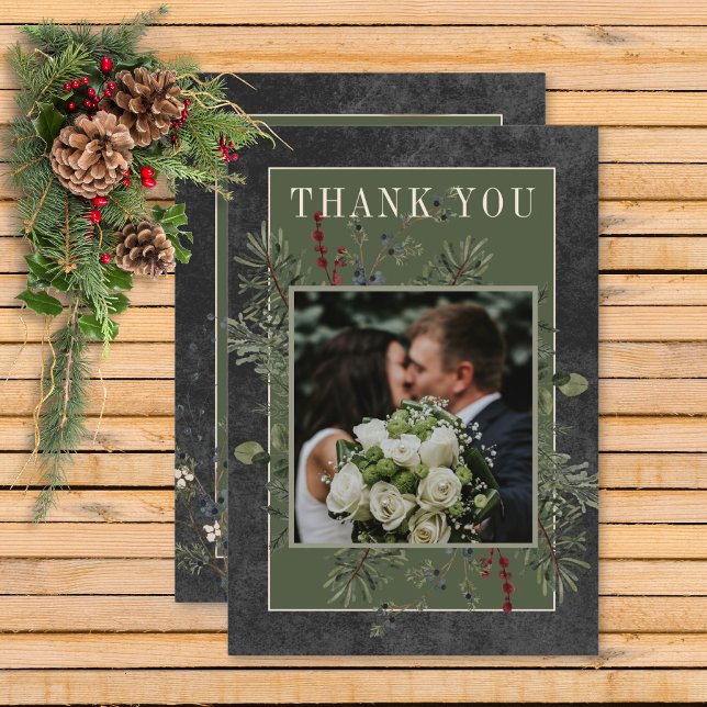 Rustic Winter Berries & Gräs Black Bröllop Tack Kort (Rustic Winter Berries & Pine Black Wedding Thank You Card)