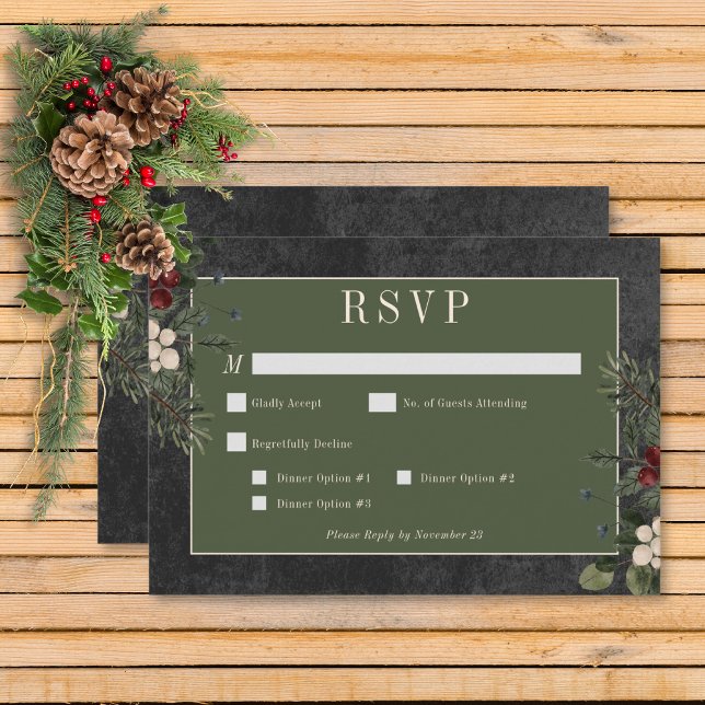 Rustic Winter Berries & Gräs Black Middag OSA Kort (Rustic Winter Berries & Pine Black Wedding Response Card with Dinner Options)
