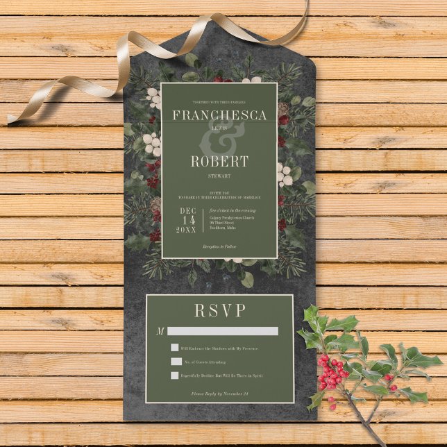 Rustic Winter Berries & Gräs Black No Middag (Also available with a QR code or with dinner selection options.)