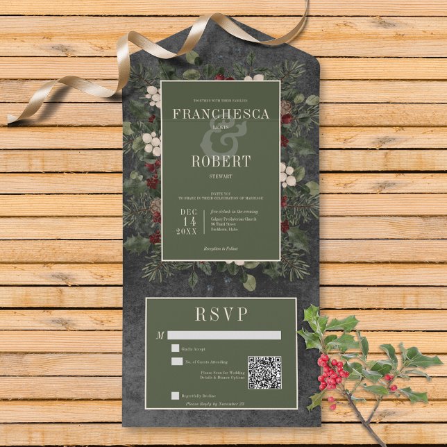 Rustic Winter Berries & Gräs Black QR-kod (Also available without a QR code; with or without dinner selection options.)