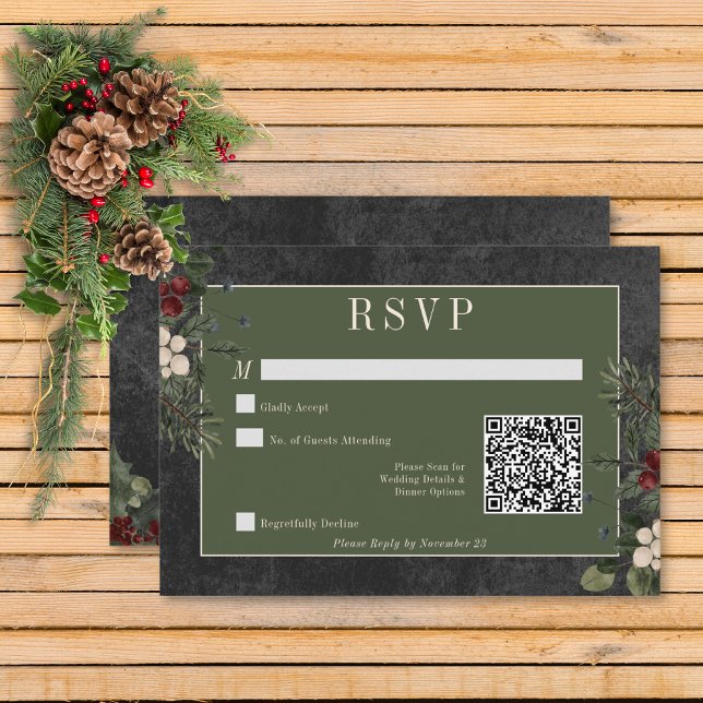 Rustic Winter Berries & Gräs Black QR-kod OSA Kort (Rustic Winter Berries & Pine Black Wedding Response Card with QR Code)
