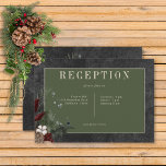 Rustic Winter Berries & Gräs Black Reception Tilläggskort<br><div class="desc">Vi presenterar vår fantastiska mottagningskort för vinterbröllop, där tidlös elegans möter säsong. Rikens svarta bakgrund, som är artificiellt tryckt med mjuka vita accenter, anger en fängslande ton för din speciella dag. I textområdet mörk sage grönt kommer din bröllopsmottagningsinformation att skina, omgiven av en delikat kräm ram som tillför lite förfining....</div>
