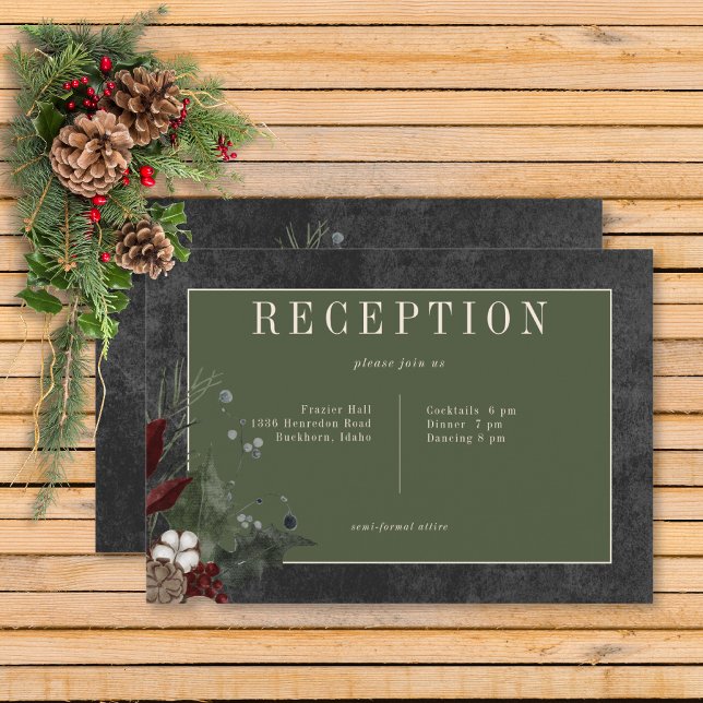 Rustic Winter Berries & Gräs Black Reception Tilläggskort (Rustic Winter Berries & Pine Black Wedding Reception Card)