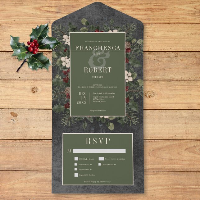 Rustic Winter Berries & Gräs Black Tre middagar (Rustic Winter Berries & Pine Black Three Dinner All In One Invitation)