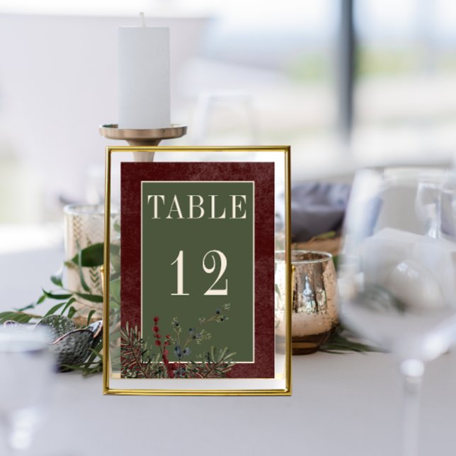 Rustic Winter Berries & Gräs Burgundy Bröllop Bordsnummer (Rustic Winter Berries & Pine Burgundy Wedding Table Number)