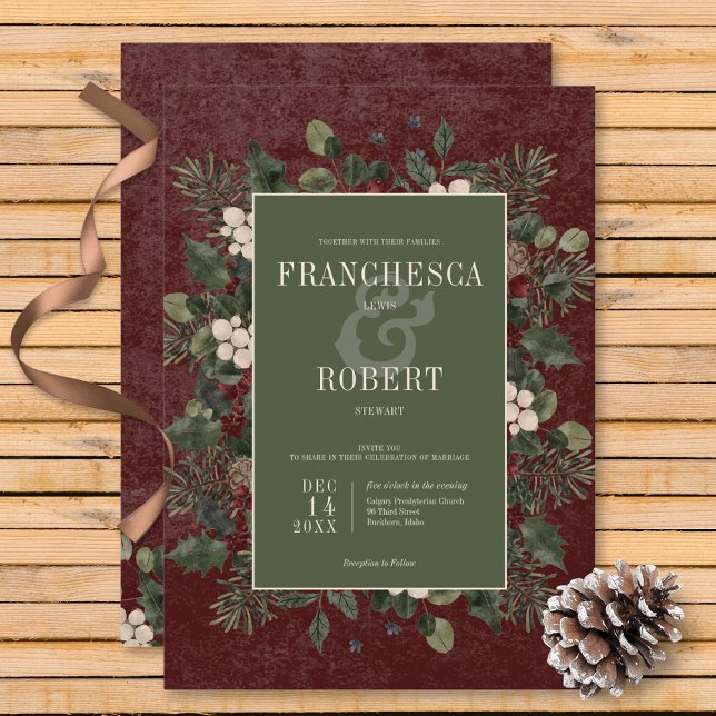 Rustic Winter Berries & Gräs Burgundy Bröllop Inbjudningar (Rustic Winter Berries & Pine Burgundy Wedding Invitation)